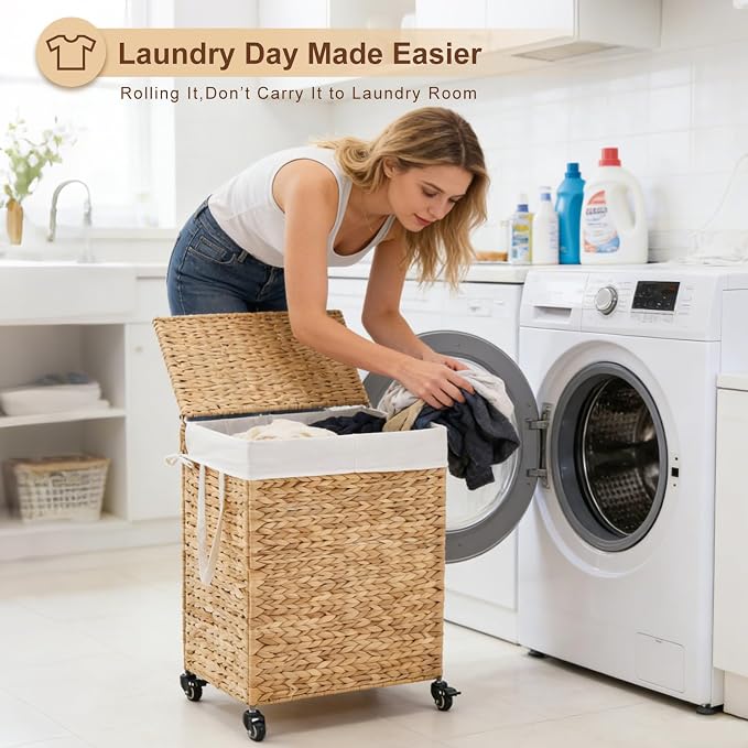 2-Section Laundry Hamper with Lid, Large Capacity Woven Natural Water Hyacinth - Image 9
