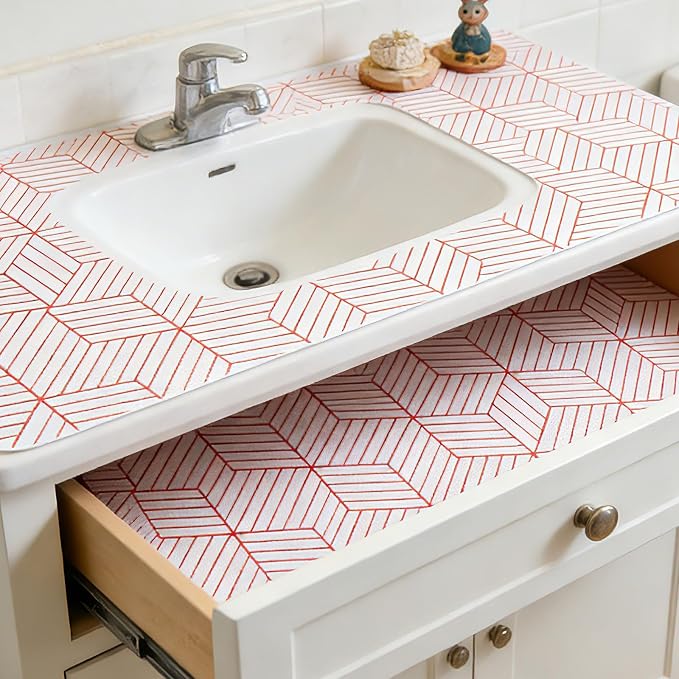 Red Geometric Pattern Shelf Liner, Non-Adhesive Non-Slip Thickened Drawer Liner - Image 2