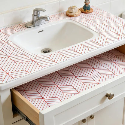 Red Geometric Pattern Shelf Liner, Non-Adhesive Non-Slip Thickened Drawer Liner - Image 2