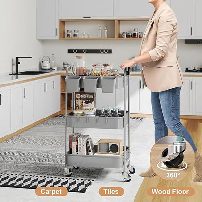 3 Tier Gray Metal Rolling Cart, Mesh Storage Cart - Image 3