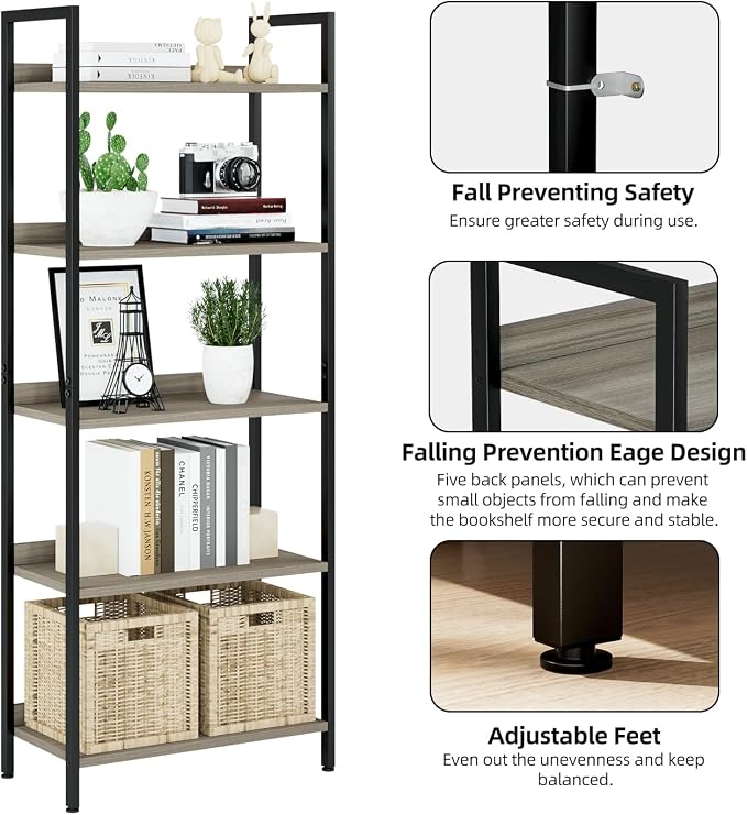 NUMENN Bookshelf, 5 Tier Freestanding Shelving Unit, Falling Prevention Baffle - Image 6