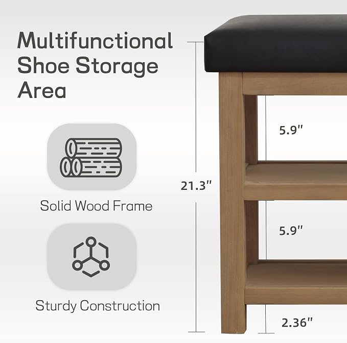 Zihanhome Shoe Rack Bench with Leather Cushion, 2 Tier Solid Wood Storage Bench - Image 7