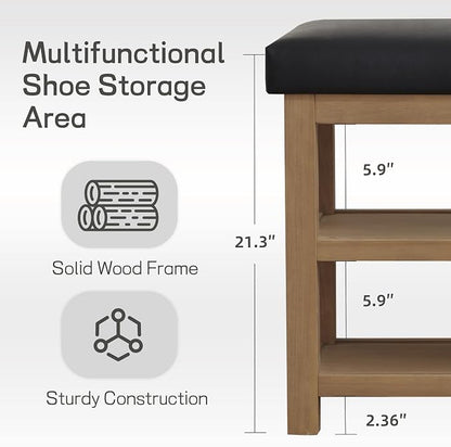 Zihanhome Shoe Rack Bench with Leather Cushion, 2 Tier Solid Wood Storage Bench - Image 6