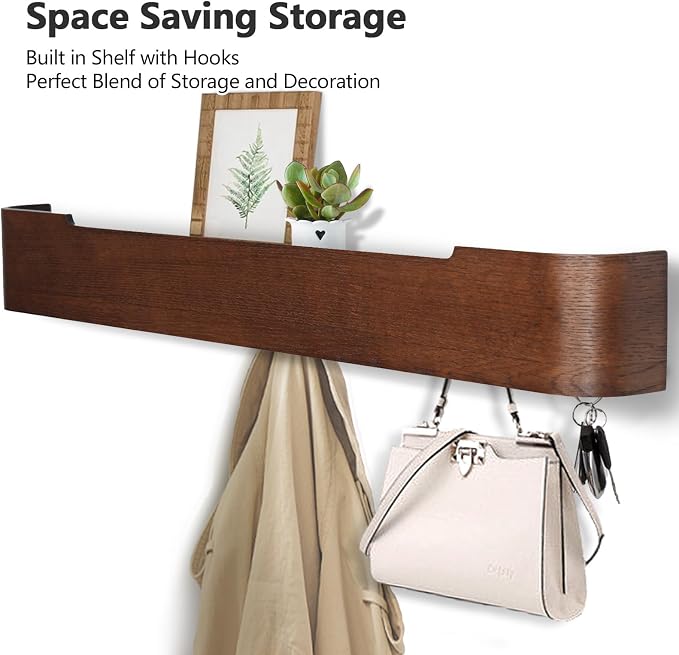 Coat Rack Wall Mount with Hidden Hooks Modern Key Holder Wood Entryway Hook - Image 2