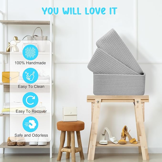 3-Pcs Shelf Baskets for Organizing, Closet Organizer Bins, Small Woven Baskets - Image 4
