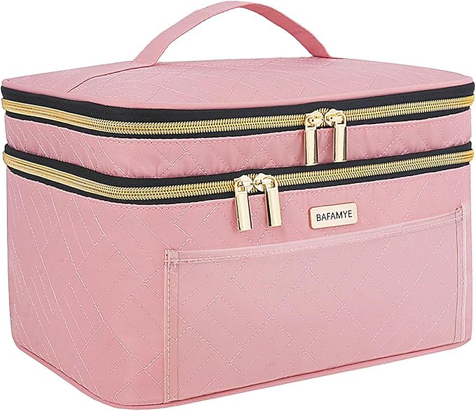 Double Layer Travel Makeup Bag for Women, Large Cosmetic Case Organizer by BAFAMYE