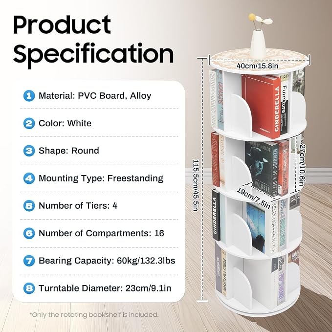 Rotating Bookshelf, 360 Display Round Bookshelf, 4 Tier Floor Standing Bookcase - Image 9