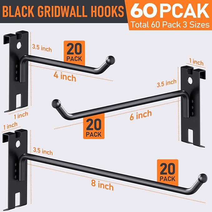 INCLY 4/6/8 Inch Gridwall Hooks, 60 Pack Heavy Duty Black Display Hooks - Image 2