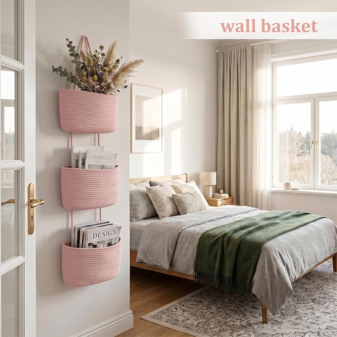 TeoKJ Over the Door Hanging Basket, 3-Tier Woven Cotton Wall-Mounted Storage - Image 3