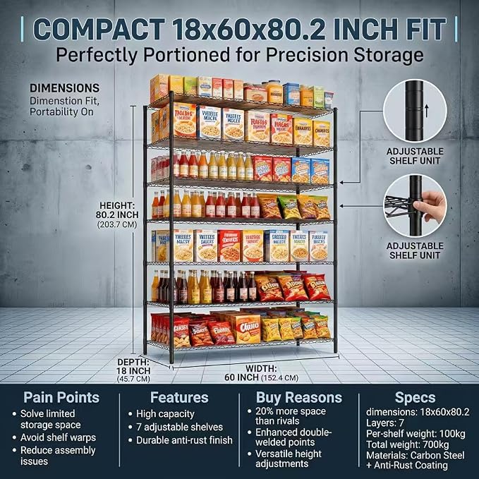 Finnhomy 4200LBS 7-Tier Wire Shelving Unit Adjustable Steel Wire Rack, Pantry - Image 6
