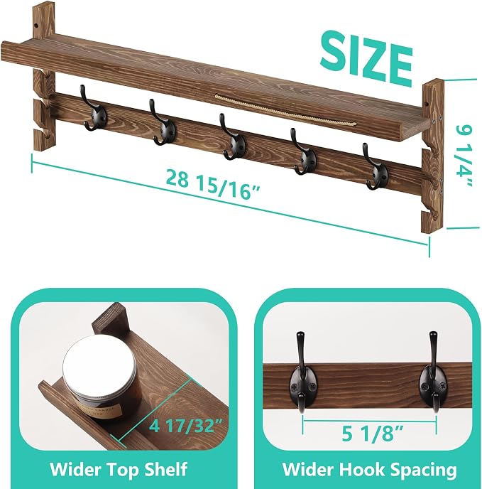 AMBIRD Wall Hooks with Shelf 28.9inch Entryway Wall Hanging Shelf, Wood Coat - Image 5