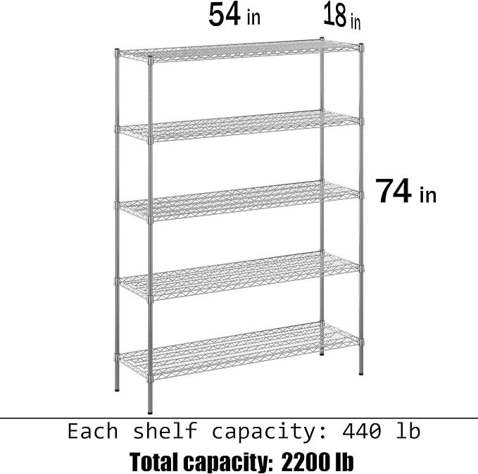 18" Deep x 54" Wide x 74" Height Wire Shelving Kit | 5-Tier | NSF Commercial - Image 3