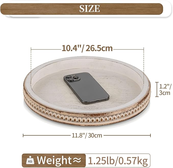Hanobe Decorative Tray for Coffee Table: 10.5-Inch Round Whitewashed Wood Tray - Image 4