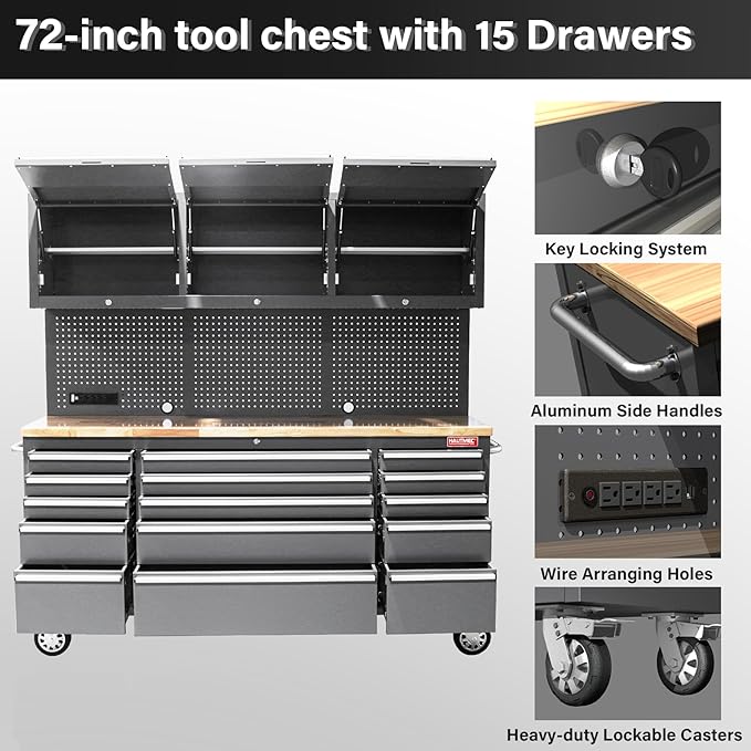 HAUTMEC 72" Rolling Tool Chest, Mobile Garage Workbench, Heavy-Duty Tool - Image 4