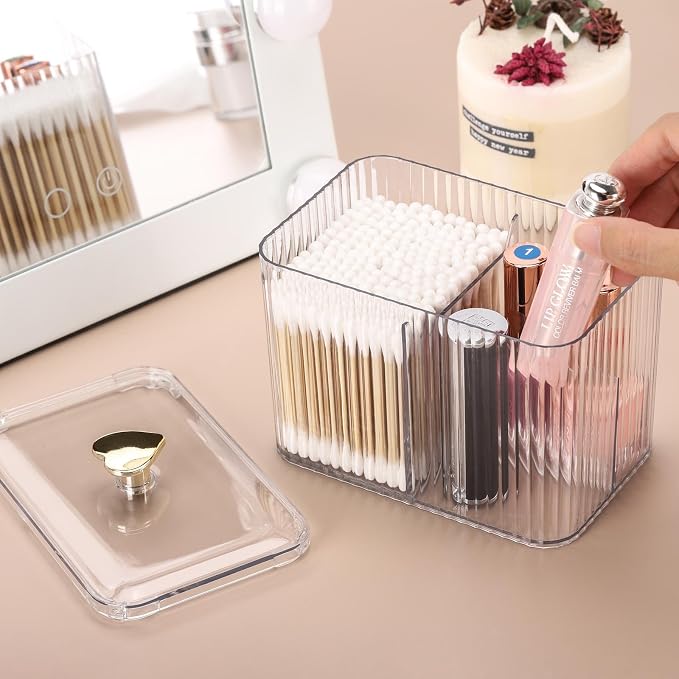 Tbestmax Qtip Holder Dispenser 3-Section Clear Bathroom Organizer Jar 3 Grids - Image 2