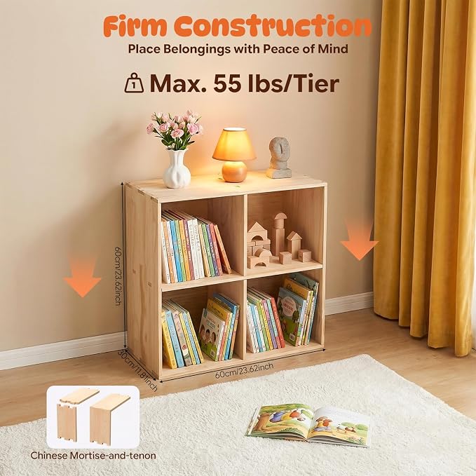 4 Cube Storage Shelf, 2-Tier Solid Wood Cube Storage Organizer, Vertical or - Image 6