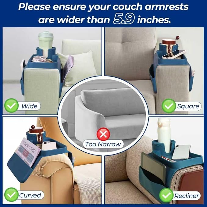 Silicone Couch Cup Holder Tray, 3-Side Sofa Armrest Organizer - Image 3