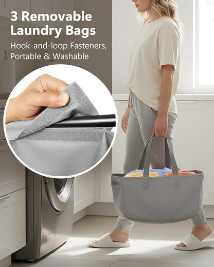 3 Section Laundry Sorter with Removable Bags, 120L Rolling Vertical Laundry - Image 3