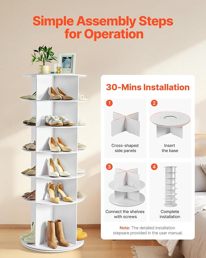 VEVOR 6 Tiers Rotating Shoe Rack Tower, 360° Spinning Shoe Rack, Revolving - Image 7