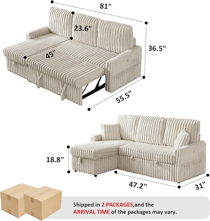 KCGKCG Sleeper Sofa Bed, 81” Pull Out Couch Bed, 3 in 1 L-Shaped Couch - Image 3