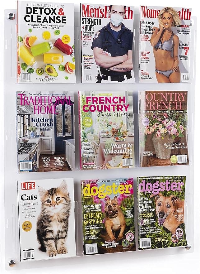 Displays2go 3-Tiered Clear Acrylic Magazine Rack, Adjustable, 9-18 Pockets - Image 2