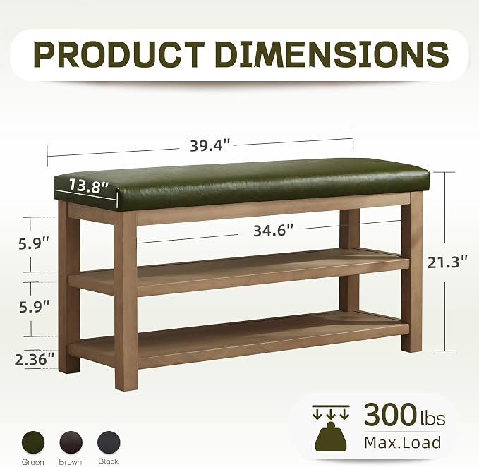 Zihanhome Shoe Rack Bench with Leather Cushion, 2 Tier Solid Wood Storage Bench - Image 2