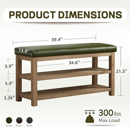 Zihanhome Shoe Rack Bench with Leather Cushion, 2 Tier Solid Wood Storage Bench - Image 2