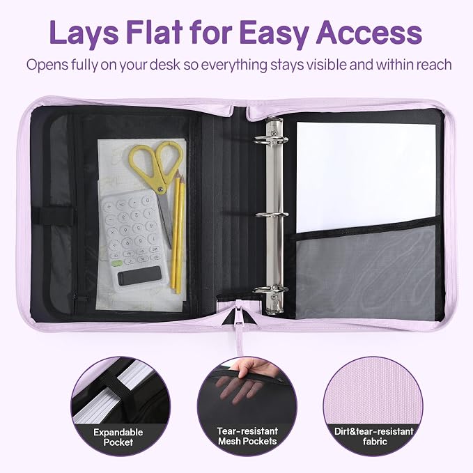 SUNEE Zippered Binder Bag with Handle, 2-Inch 3-Ring O-Ring, 500-Sheet Capacity - Image 4
