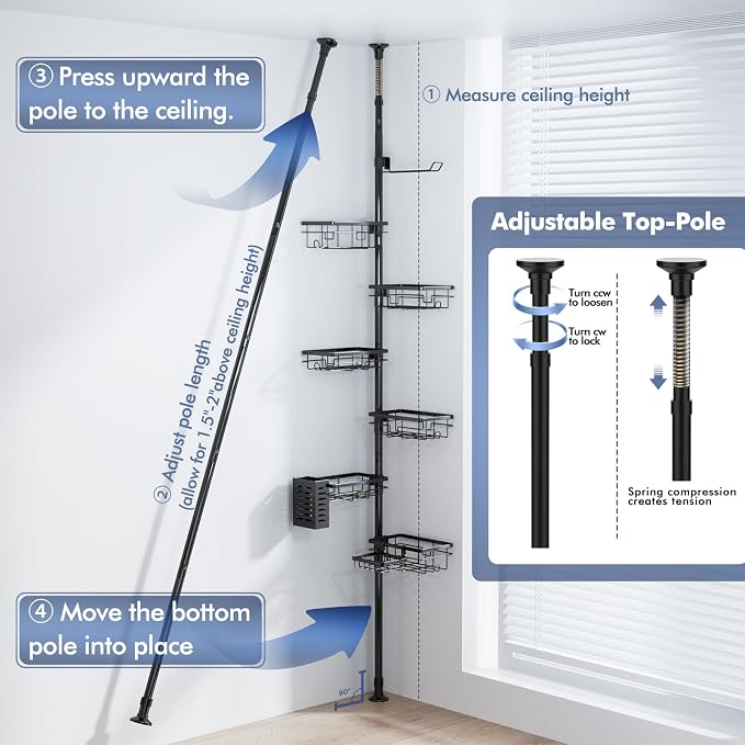 Shower Caddy Organizer Tension Pole, Rustproof 6-Pack Corner Shelf - Image 6