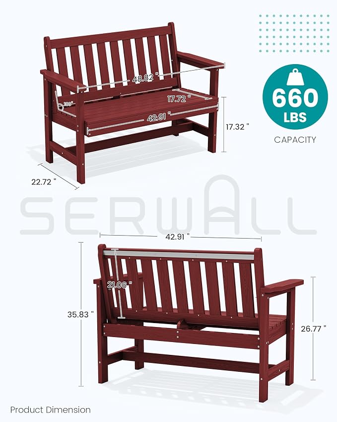 SERWALL HDPE Outdoor Bench, 2-Person Weatherproof Porch Bench, 1 Pack, Suitable - Image 3