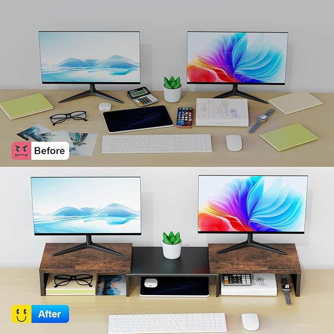Dual Monitor Stand for Desk, Wooden Monitor Riser, Desk Shelf for Top of Desk - Image 2