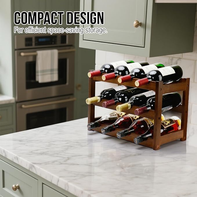Bamboo Wine Rack, 3-Tier 12 Bottles Wine Storage Cabinet Shelf, Easy-Assembly - Image 7