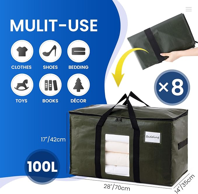 TAILI 8 Pack Green Extra Large Storage Bags, Heavy Duty Totes - Image 2
