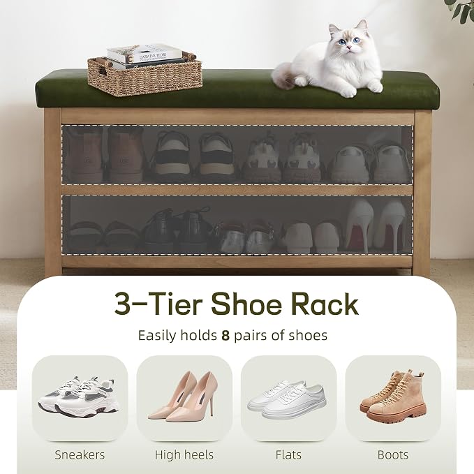 Zihanhome Shoe Rack Bench with Leather Cushion, 2 Tier Solid Wood Storage Bench - Image 6