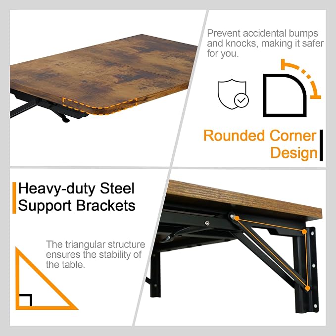 TEAMIX Wall Mounted Folding Table, Rustic Brown Floating Desk - Image 5