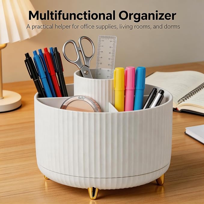 360 Rotating Makeup Brush Holder Organizer, 5-Slot White Spinning Cup - Image 6