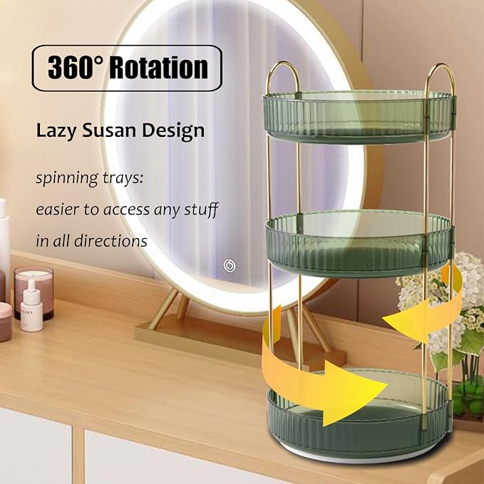Rotating Makeup Organizer Countertop 3 Tier Lazy Susan Trays Clear Skincare - Image 2