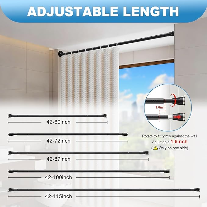 Tension Curtain Rod, 42 to 115 inch Adjustable Heavy Duty black shower curtain - Image 4