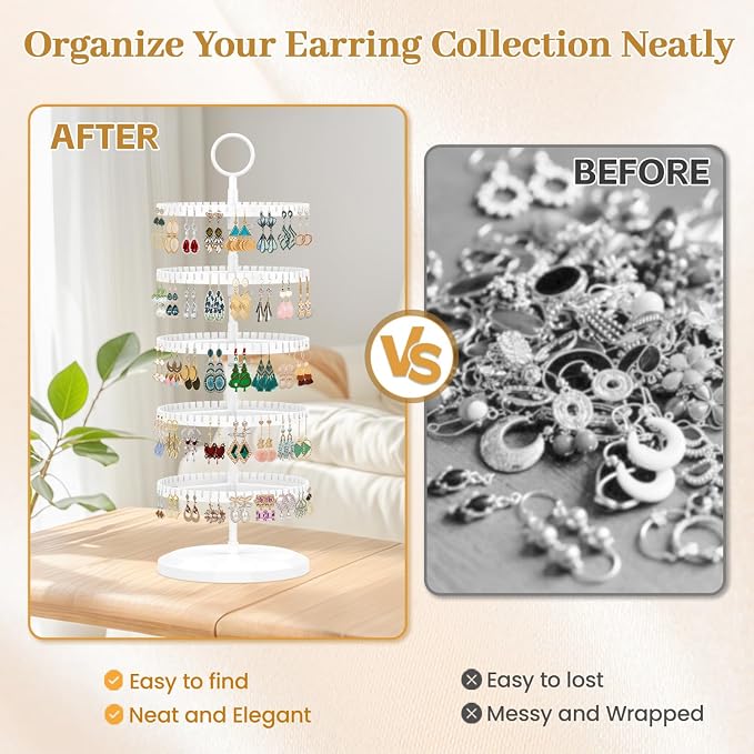 MODOWEY Rotating Earring Holder Organizer Adjustable Display, 5 Tiers White | - Image 6