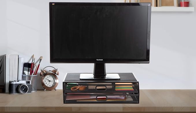 Mind Reader Monitor Stand, Ventilated Laptop Riser, Storage Drawer, Metal Mesh - Image 8