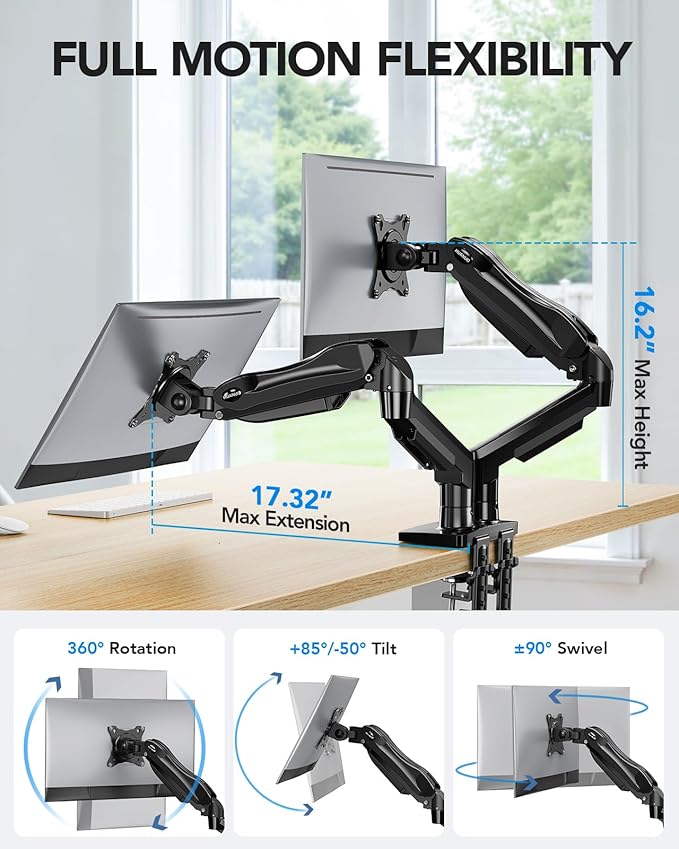HUANUO Dual Monitor Stand, Fully Adjustable Monitor Desk Mount - Image 3