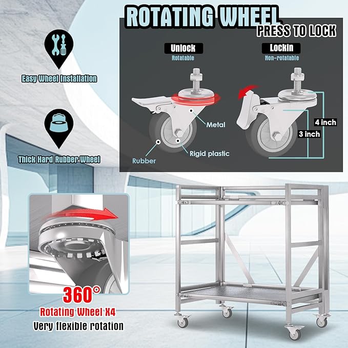 2 Shelf Rolling Cart with Wheels, 660lbs Capacity Collapsible Steel Rolling - Image 3