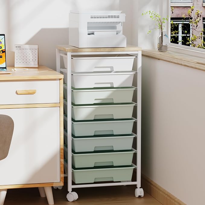 Rolling Cart with 8 Drawers, Storage Drawers Cart with Wooden Tabletop and - Image 4
