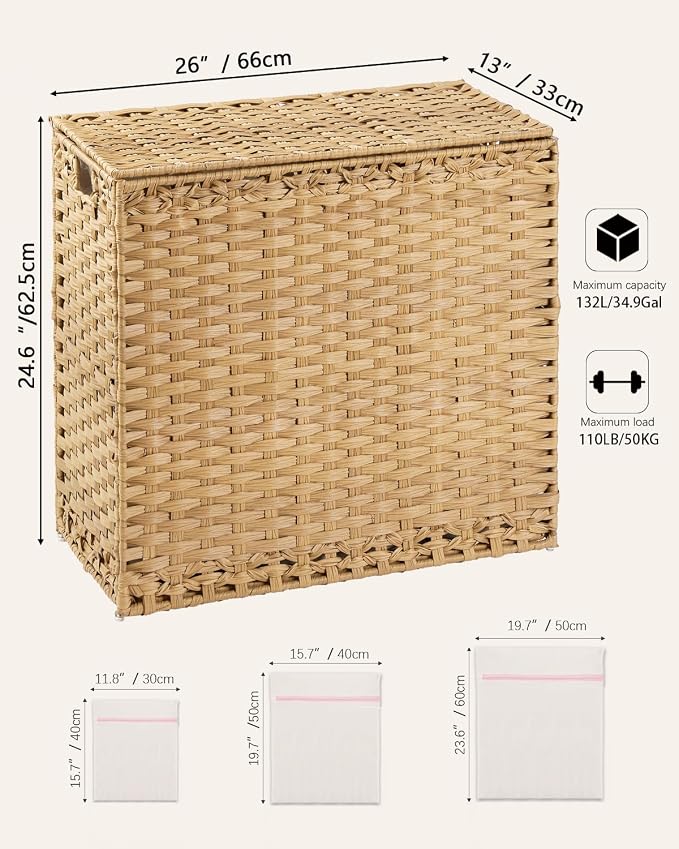 Laundry Hamper with Lid Laundry Basket 132 L Wicker Clothes Hamper, Handwoven - Image 5