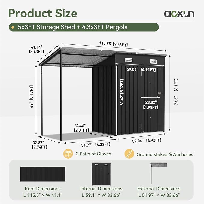 Aoxun 5x3FT Outdoor Storage Shed & Hardtop Canopy Gazebo Combo | 10x3FT Metal - Image 2