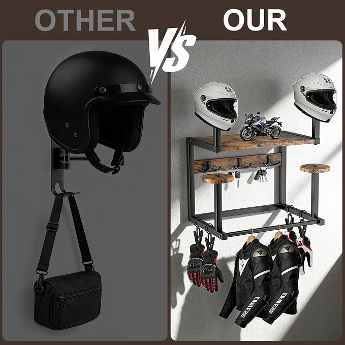 Motorcycle Helmet Hanger Wall Mount, Tiered Wooden Organizer - Image 6