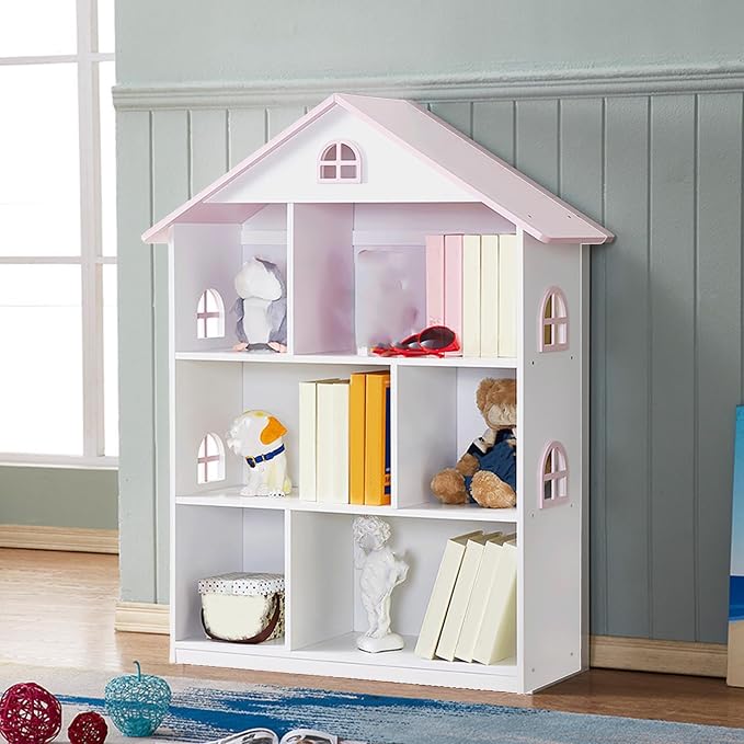Wooden Dollhouse Bookshelf 4-Tier Kids Bookcase, Toy Storage Organizer & by Unknown