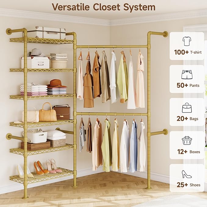 L2 Wall Mounted Closet System, Industrial Pipe Clothing Rack Clothes Racks - Image 3