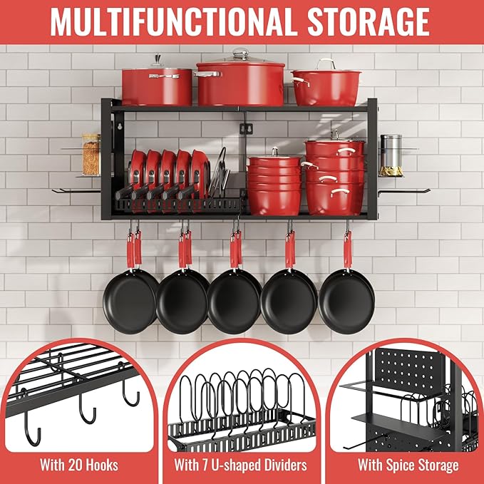 31 Inch Pot Rack Wall Mounted, 2-Tier Pots and Pans Hanging Organizer - Image 5