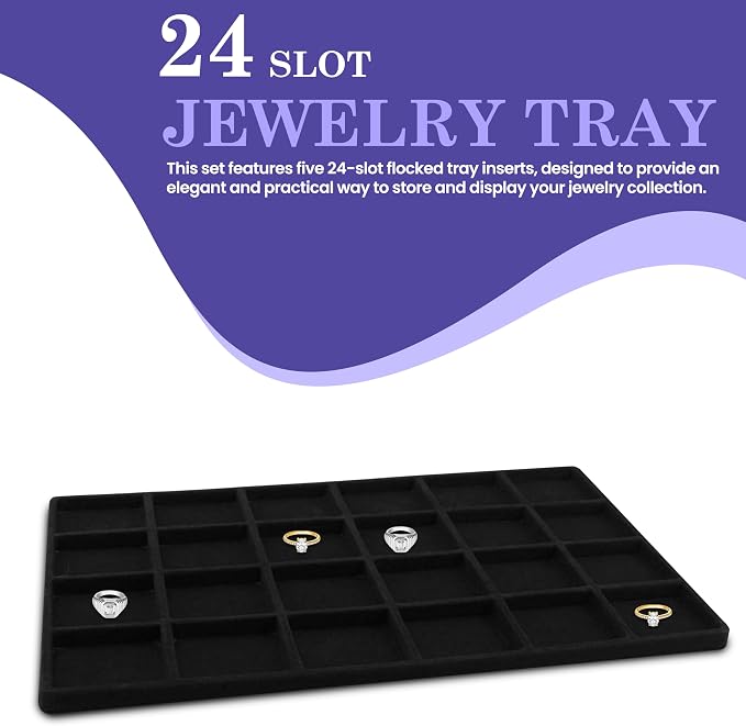 Novel Box 5 Pack 24-Slot Black Liner Jewelry Storage Tray Inserts 14.75x8.25x1 - Image 3